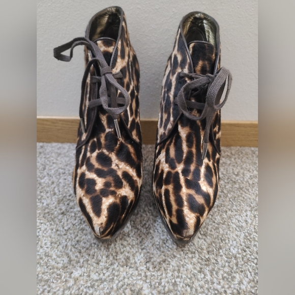 Lanvin Platform Stiletto Leopard Print Leather Calf Hair Ankle Boots Booties - Picture 3 of 8
